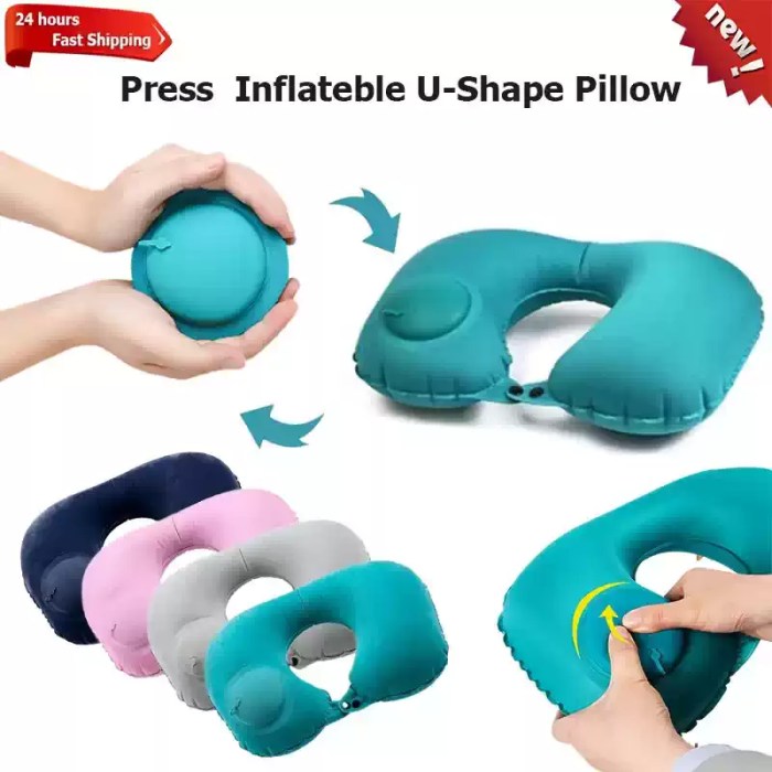 FJK CAMPING GEAR INFLATABLE TRAVEL PILLOW_6 FJK Camping Gear press-inflatable U-shape travel pillow in blue.