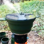 Stainless steel base foldable saucepan compatible with campsite gas burners and portable electric hobs.