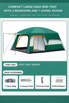 Spacious 2 bedroom family camping tent with living area, carry bag, poles, pegs and wind ropes