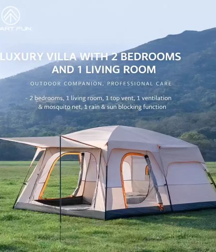 Spacious 2 bedroom family camping tent with living area and sun canopy