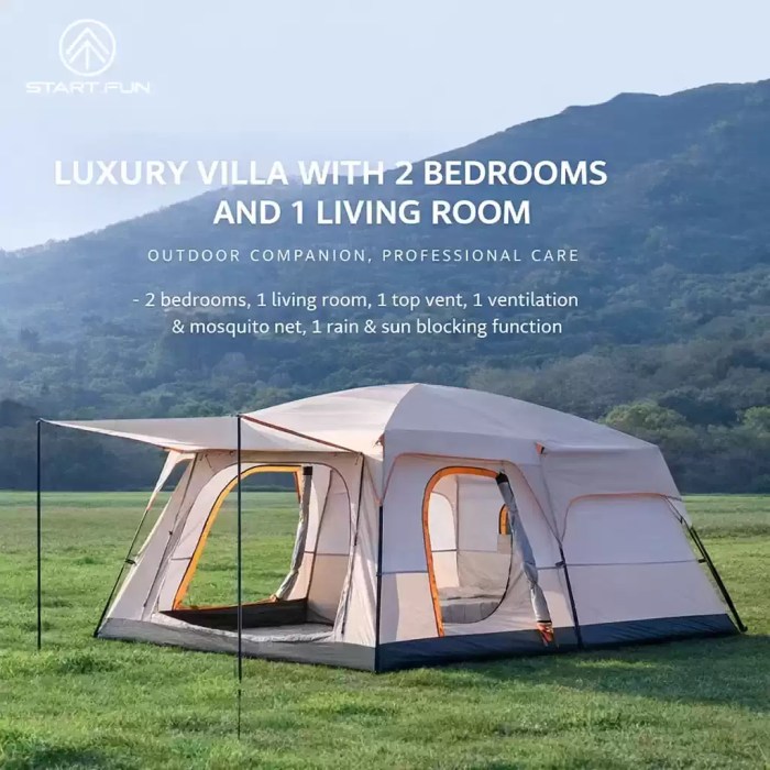 Spacious 2 bedroom family camping tent with living area and sun canopy