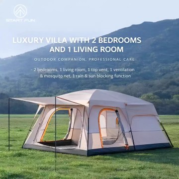 Spacious 2 bedroom family camping tent with living area and sun canopy