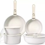 Multifunctional cookware granite fry pan with a secure click-on handle being used for healthy indoor grilling.