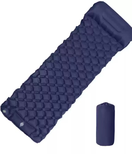 Outdoor camping inflatable mattress with built-in inflator pump and pillows.