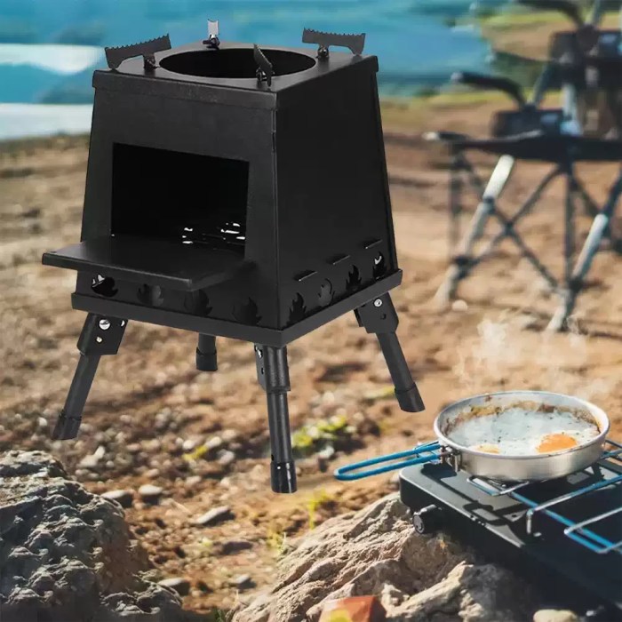 Atmospheric outdoor wood burning stove for UK campers enjoying glamping, bushcraft, and winter camping.