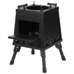 Compact portable wood burner with a glass viewing window for heating UK caravan awnings and bell tents.