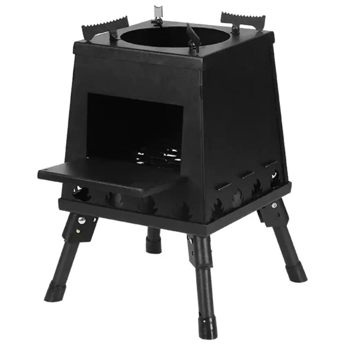 Compact portable wood burner with a glass viewing window for heating UK caravan awnings and bell tents.