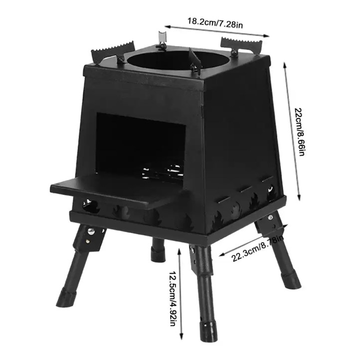 Lightweight collapsible log burner with folding legs for easy transport in motorhome storage lockers.