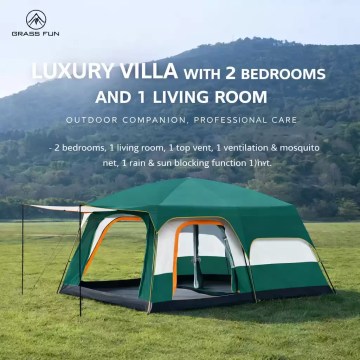 4–6 person family camping tent with 2 bedrooms, living area and rain protection canopy