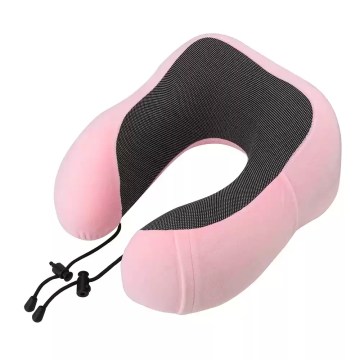 Pink ergonomic travel neck pillow with drawstring, lightweight UK camping cushion