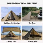 Versatile tipi camping tent for winter heating, car awning, canopy shelter and classic camping setup