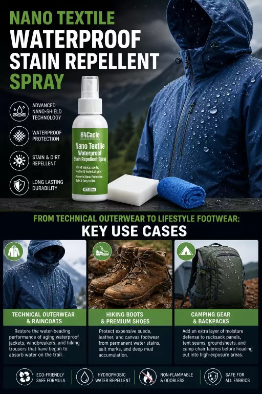 A bottle of Nano Textile Waterproof and Stain Repellent Spray next to a cleaning sponge and microfibre cloth. The image shows liquid heavily beading on a blue raincoat jacket, with smaller side panels demonstrating use on hiking boots and a camping backpack.