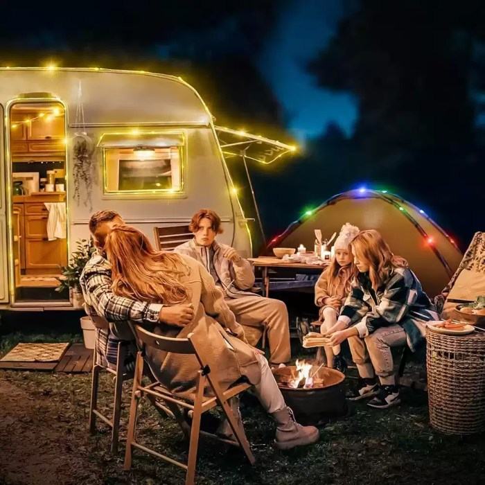 Warm-white 10m string lights draped over a 4-person family tent to provide 360-degree ambient lighting.