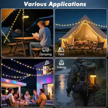 Camping string lights decorating tent and campsite, outdoor LED lighting for UK camping