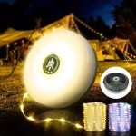 Compact 10m LED reel string light featuring an integrated solar panel and manual hand-crank for UK campsite organization.