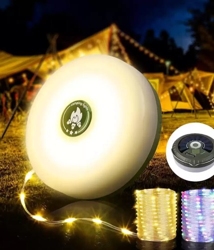 Compact 10m LED reel string light featuring an integrated solar panel and manual hand-crank for UK campsite organization.