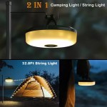 Warm-white 10M LED string lights creating a cozy ambient atmosphere inside a large family tent or caravan.