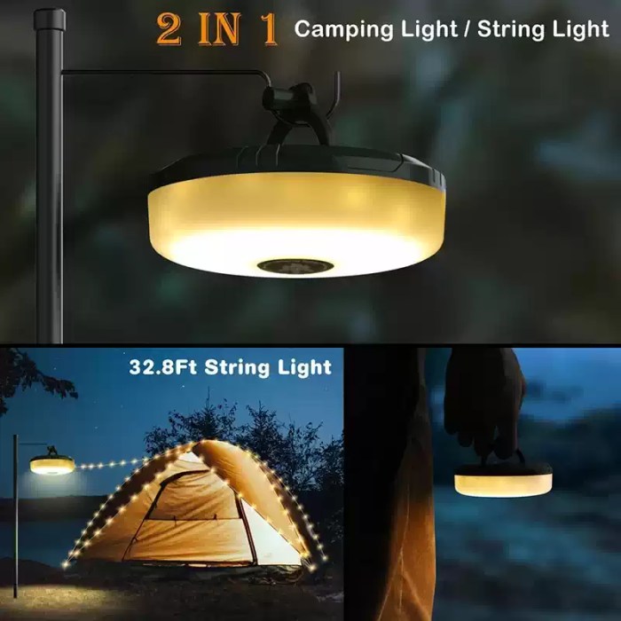 Warm-white 10M LED string lights creating a cozy ambient atmosphere inside a large family tent or caravan.