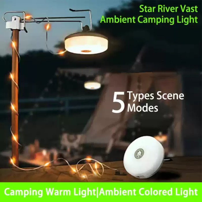 Decorative hanging campsite lights used by families to illuminate their UK garden or pitch-side seating area.