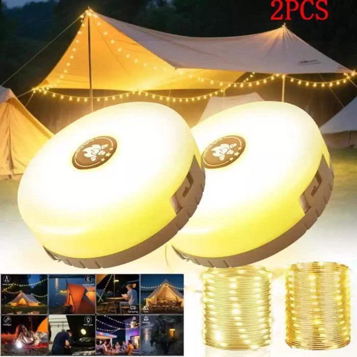 Twin-pack 2PCS 10M warm stowable camp string lights featuring a compact hand-crank winding case for UK campsite organization.