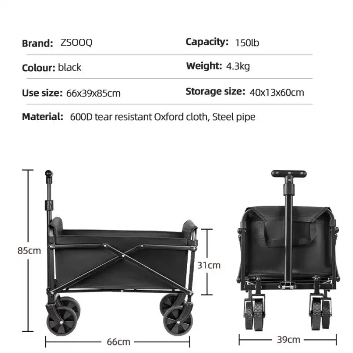 Foldable Portable Camping Cart | Heavy Duty Collapsible Utility Beach Picnic Cart Large all-terrain wheels on folding camping trolley for UK beach trips.