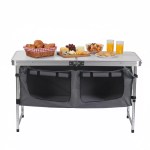 Portable fold-in-half camping table with carry handle for easy UK transport.