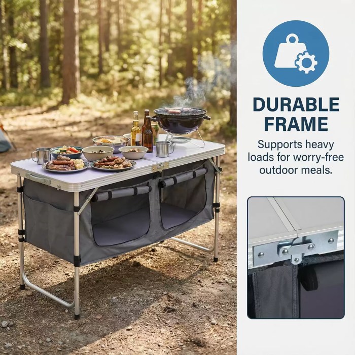 Sturdy aluminium frame camping table being set up for a UK picnic.