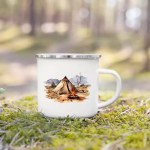 Decorative caravan-themed mug sitting on a dashboard, highlighting its role as a motorhome essential.