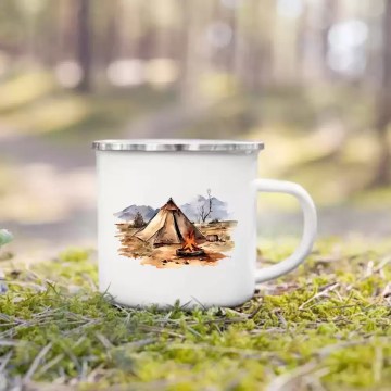 Decorative caravan-themed mug sitting on a dashboard, highlighting its role as a motorhome essential.