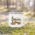 Compact enamel travel mug stacked neatly in a VW campervan kitchen cupboard.