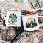 Classic Adventure Day caravan camper mug featuring a retro travel graphic for UK campsite use.