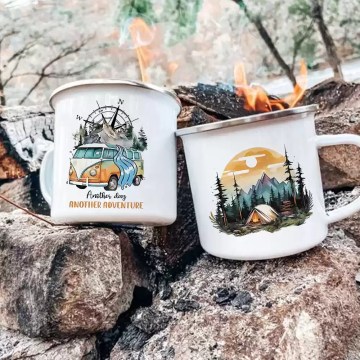 Classic Adventure Day caravan camper mug featuring a retro travel graphic for UK campsite use.