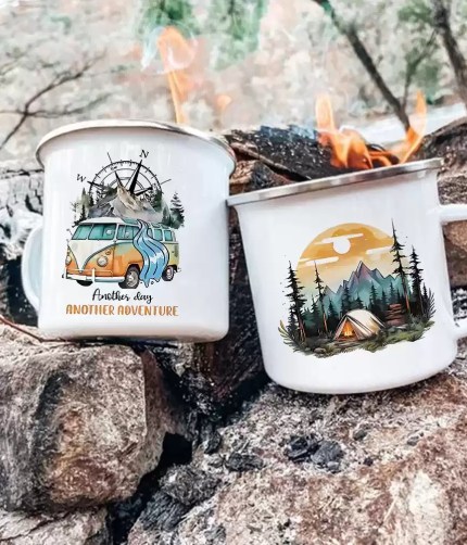 Classic Adventure Day caravan camper mug featuring a retro travel graphic for UK campsite use.
