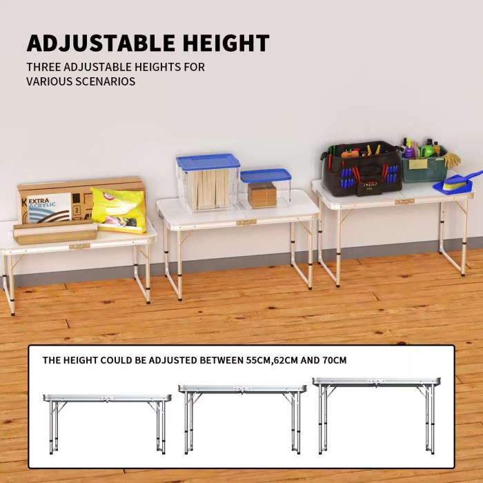 Height adjustable aluminium legs on folding picnic table for UK campsites.