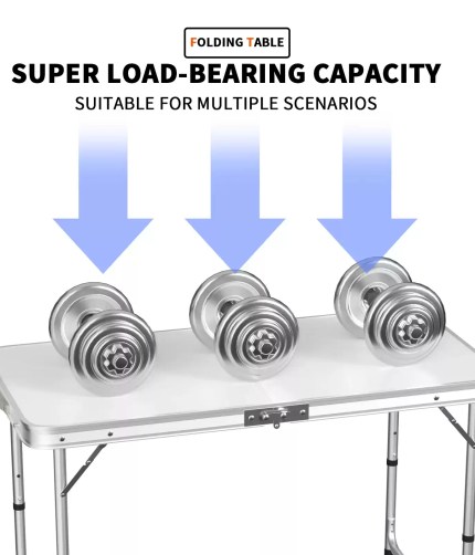Convenient carry handle on folded aluminium camping table for UK travel.