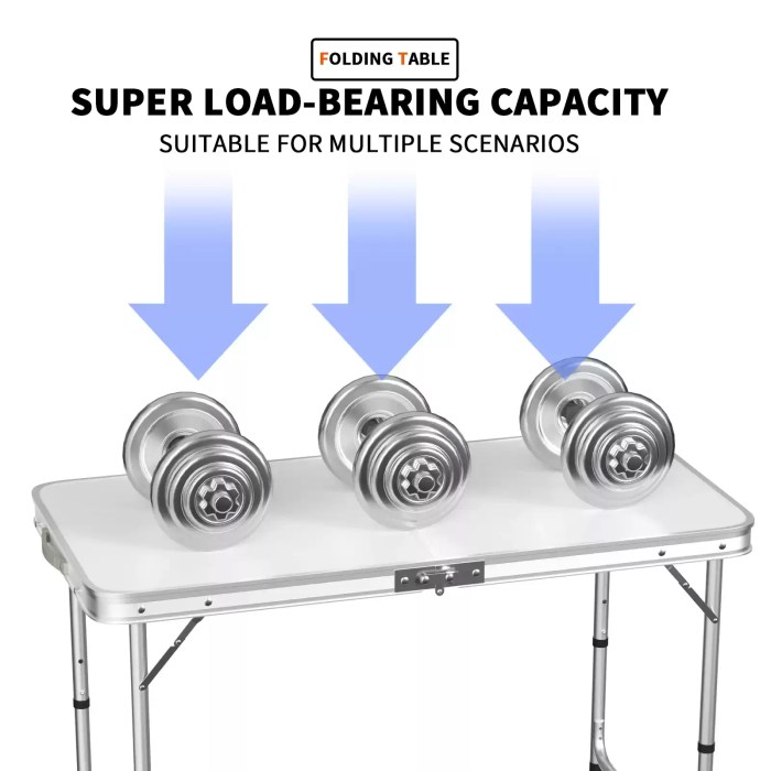 Convenient carry handle on folded aluminium camping table for UK travel.