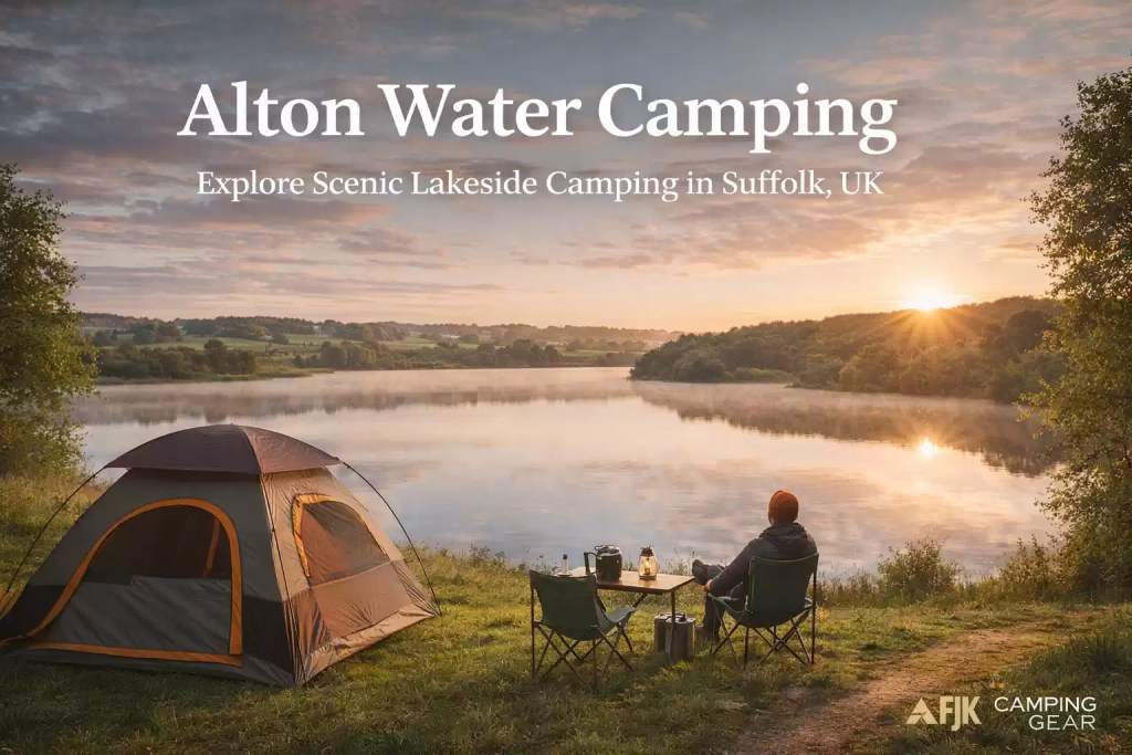 Alton Water camping lakeside tent setup Suffolk UK sunrise view