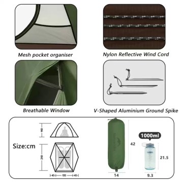 Naturehike Cloud River Pro tent features including mesh pocket, reflective wind cord, breathable window and aluminium stakes for UK camping