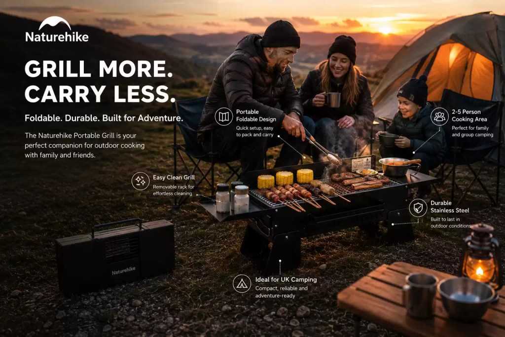 Naturehike portable foldable camping grill being used by a family at a UK campsite during sunset, with food cooking on the stainless steel BBQ beside a tent and camping chairs. Premium outdoor lifestyle ecommerce image featuring infographic callouts highlighting portable foldable design, easy-clean grill surface, durable stainless steel construction, 2–5 person cooking area, and ideal UK camping use.