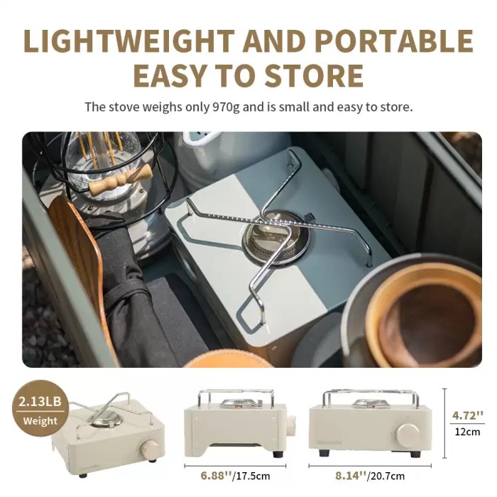 Compact collapsible gas burner with protective storage case for UK backpacking trips.