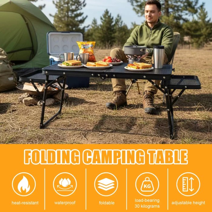 Folding kitchen table with lower mesh shelf for organised UK camping storage.