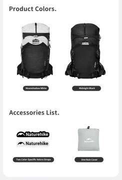 Naturehike hiking backpack colour options with rain cover and accessories UK