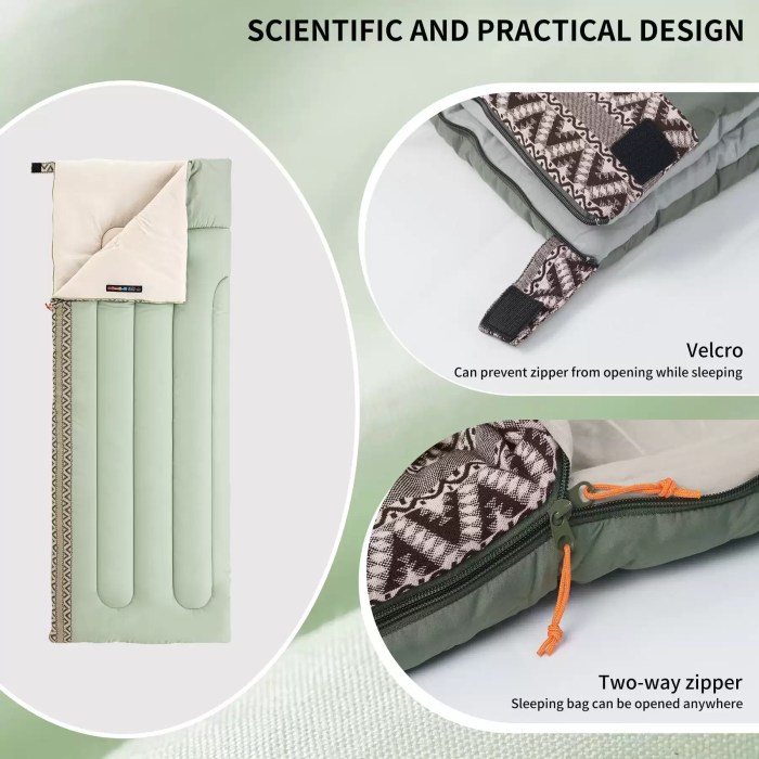 Durable ripstop nylon shell of the Linglong sleeping bag showing water repellent properties.