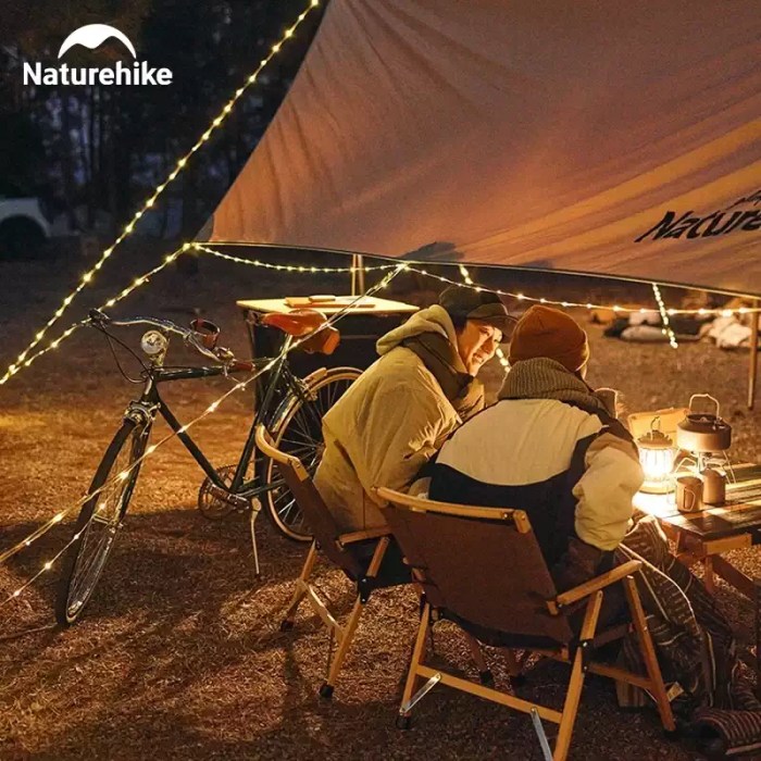 Easy to use portable camping string lights with weather resistant battery box.