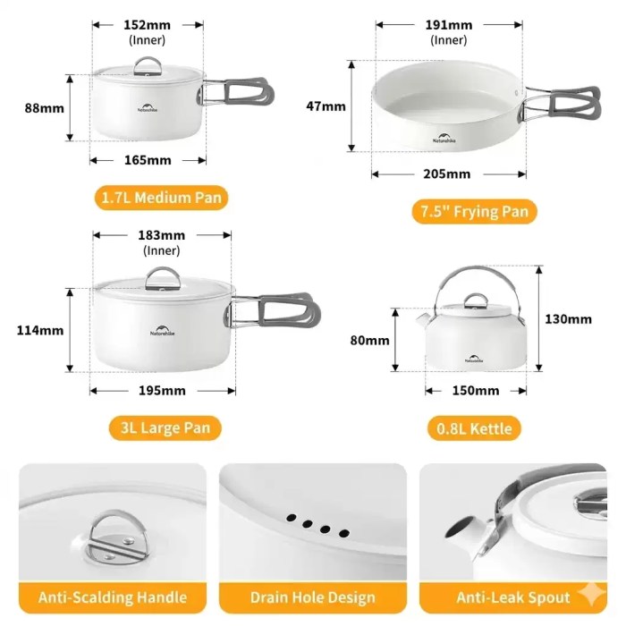 NATUREHIKE CERAMIC NON-STICK CAMPING COOKWARE KIT_3 Secure stay-cool folding handles on ceramic non-stick camping pans for UK.