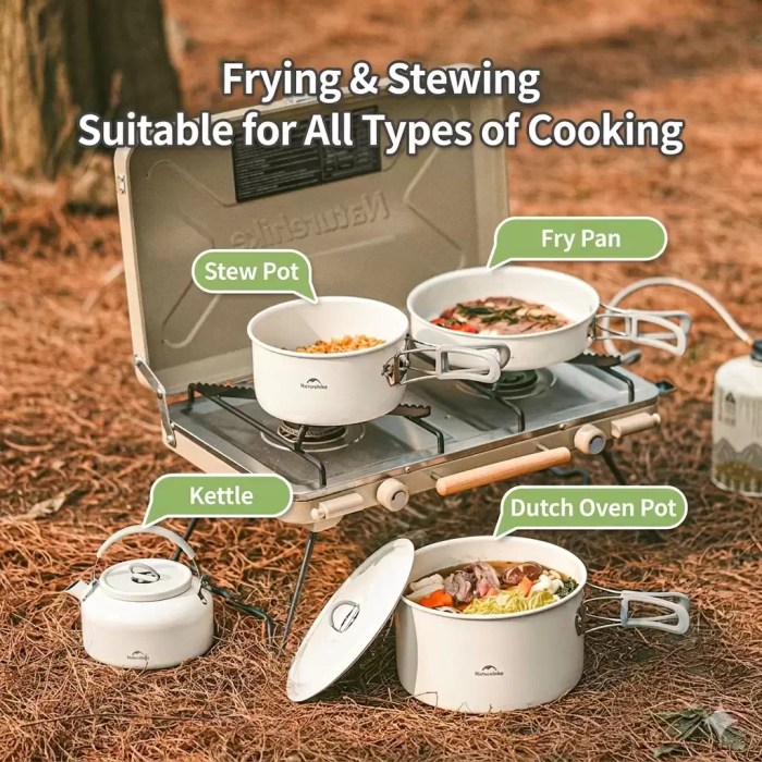 NATUREHIKE CERAMIC NON-STICK CAMPING COOKWARE KIT_5 Naturehike ceramic cookware being used to cook a fresh meal camping UK.