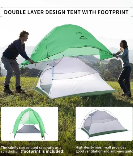 Two hikers using the Cloud Up 2 as a basecamp for a wilderness expedition in the Cotswolds.