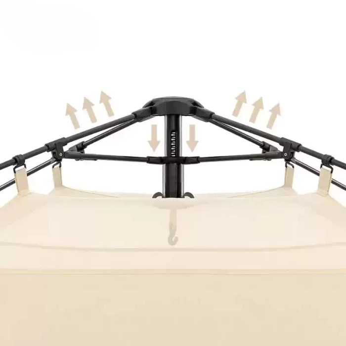 Integrated one-touch automatic frame showing how the quick-open tent expands in seconds.