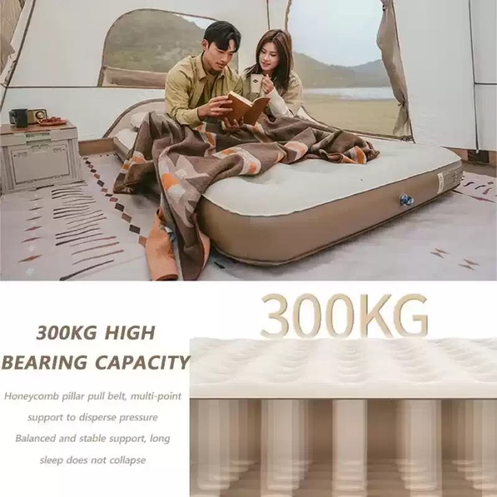Couples using a Naturehike double air bed inside a 4-person family tent for a luxury weekend getaway.
