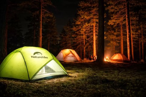 Naturehike camping tents glowing at night in forest campsite with campfire and trees outdoor UK camping scene